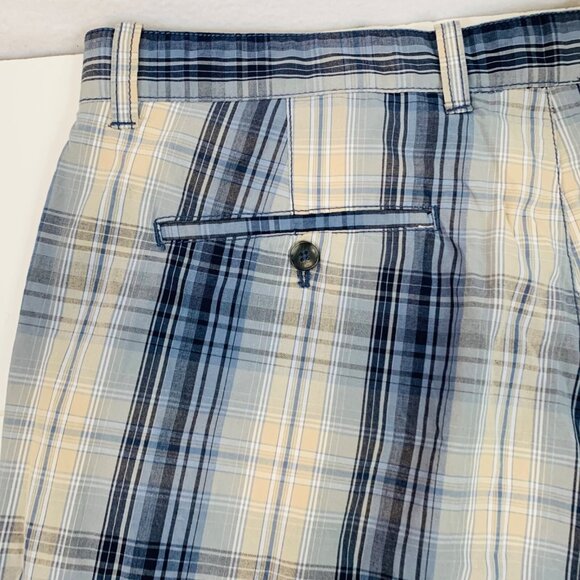 Weatherproof Plaid Cotton Shorts Mens 40 Blue Beige Preppy Flat Front Cotton - Picture 3 of 11